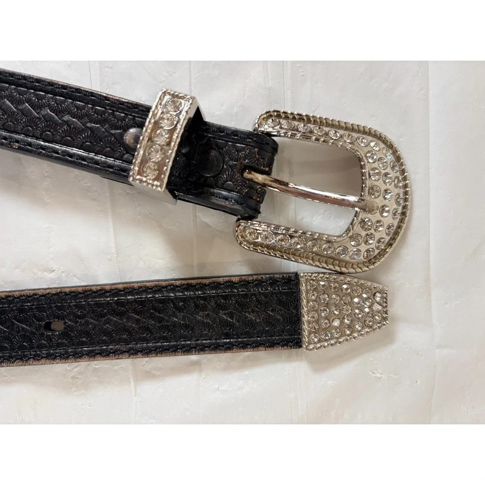 Roper Black Top Grain Leather Belt Size S 35 in Rhinestone Buckle Model #8414790